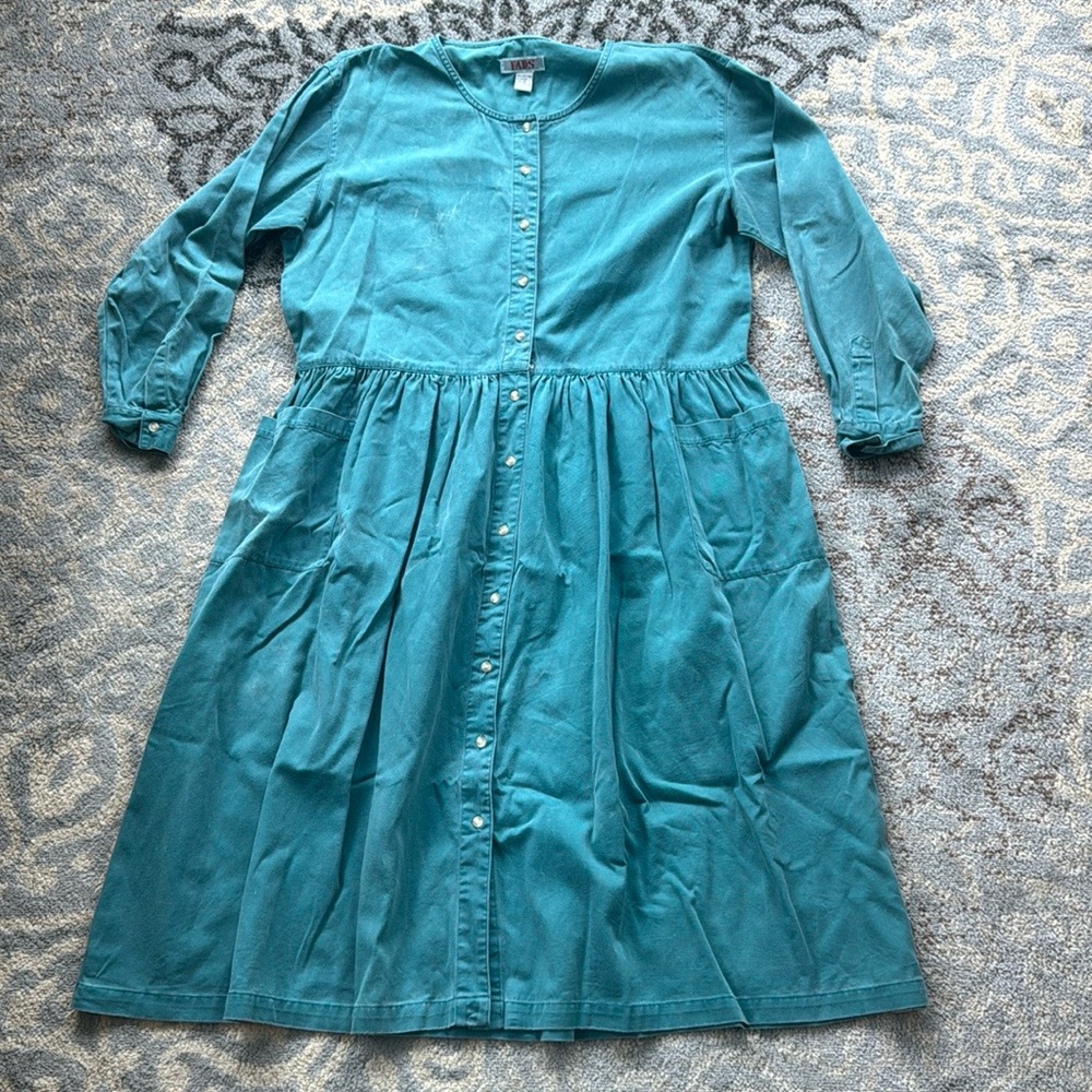 Vintage Fads Denim Button Down Dress Teal XL